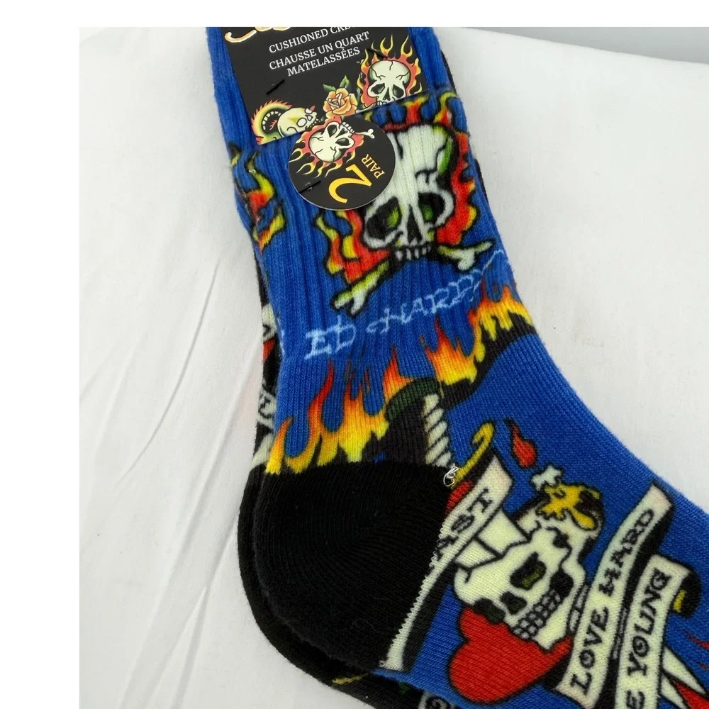 Ed Hardy 2 Pk Cushioned Crew Socks Blue Black Skull Love Kills Slowly NEW 111-09